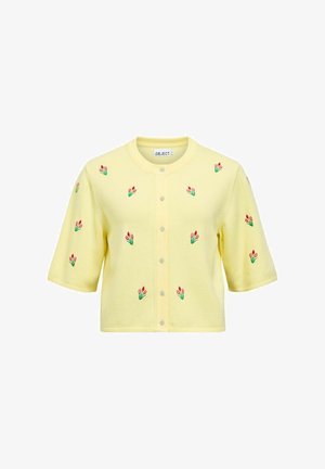 Cardigan jaune clair à manches courtes avec col rond, boutonnage frontal et petite broderie de tulipes rouges dispersées.