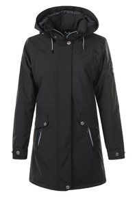 Svart vattentät jacka med huva, fickor framtill med tryckknappar och dragkedja, justerbara dragsnören och en slät yta. Långa ärmar med knappmanchetter.