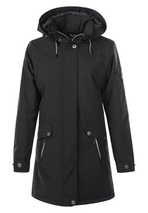 Sort vandtæt jakke med hætte, frontsnapping og lynlås-lommer, justerbare snoretræk og en glat tekstur. Lange ærmer med knapmanchetter.