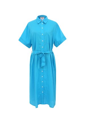 Blaues Hemdkleid aus leichtem Stoff, mit kurzen aufgerollten Ärmeln, Kragen, Frontknopfverschluss und einem passenden Taillengürtel.