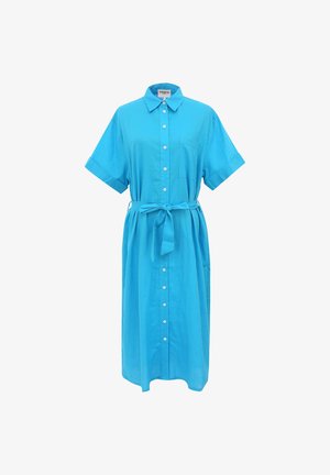 Blaues Hemdkleid aus leichtem Stoff, mit kurzen aufgerollten Ärmeln, Kragen, Frontknopfverschluss und einem passenden Taillengürtel.
