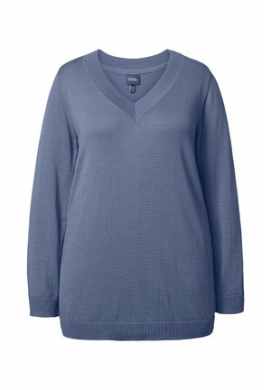 V-hals trui met lange mouwen in zacht, textuur blauw stof. Heeft ribbelmanchetten en onderkant, met een ontspannen pasvorm voor comfort.