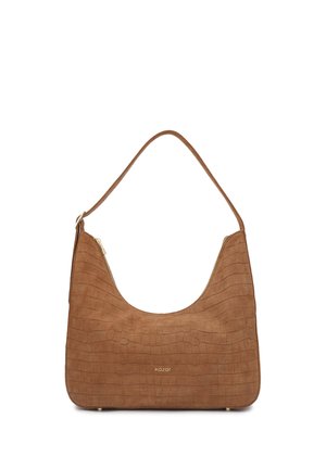 Sac à bandoulière en cuir marron texturé avec une fermeture éclair incurvée sur le dessus et une bandoulière unique, embossé du logo "kazar" sur le devant.