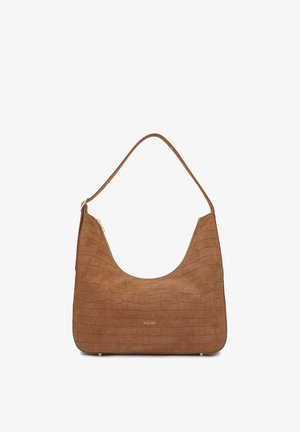 Borsa a tracolla in pelle marrone con texture, cerniera superiore curva e tracolla singola, con logo "kazar" impresso sul davanti.