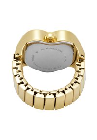 Montre en acier inoxydable doré avec un boîtier en forme de cœur, une couronne ronde et un bracelet en maillons rectangulaires. L'arrière affiche des détails sur la marque et la résistance à l'eau.