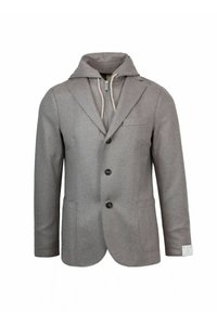 Blazer grigio con cappuccio, realizzato in un tessuto morbido. Presenta quattro bottoni frontali, due tasche e un'etichetta in tessuto sulla manica.