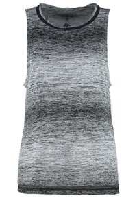 Débardeur de sport sans manches avec motif dégradé noir et blanc et bordure noire autour de l'encolure et des emmanchures.
