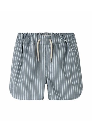 Modré a biele vertikálne pruhované šortky s elastickým pásom a bielym šnúrkou, s zaobleným lemom a bočnými vreckami.