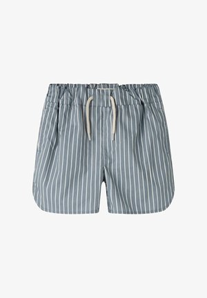 Blau-weiß gestreifte Shorts mit elastischem Bund und weißem Kordelzug, mit abgerundetem Saum und Seitentaschen.
