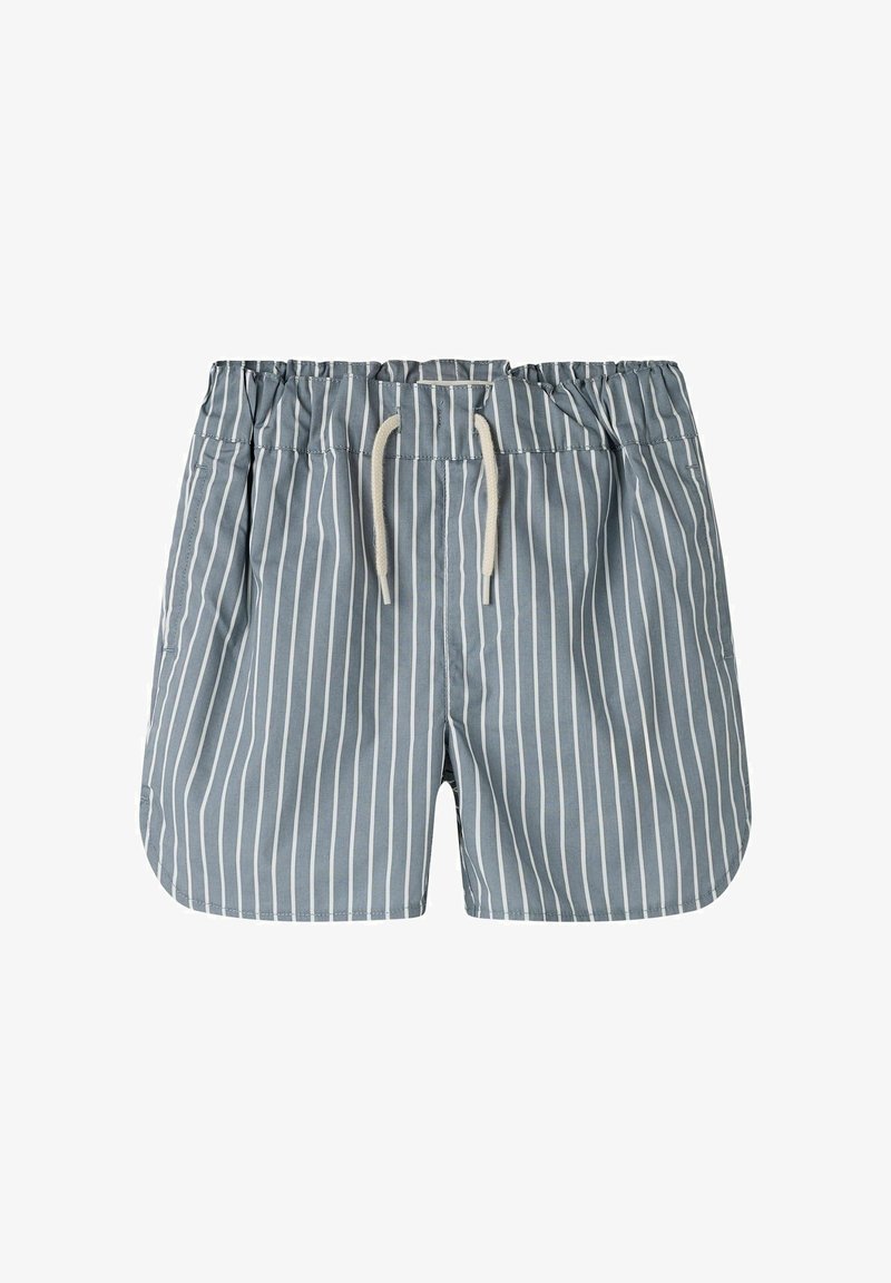 Shorts à rayures verticales bleues et blanches avec taille élastique et cordon blanc, dotés d'un ourlet arrondi et de poches latérales.
