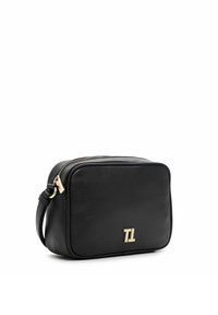 Black leather crossbody bag with a rectangular shape, gold-tone hardware, and a zipper closure. Features a central logo detail.
