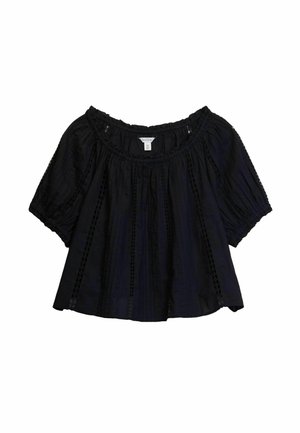 Blouse noire à manches courtes avec encolure froncée et rayures verticales en dentelle, coupe ample et poignets élastiques.