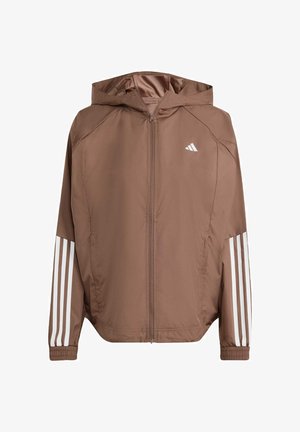 Brown lightweight jacket with a hood, zip front, and elastic cuffs. Features white stripes on sleeves and a small logo on the chest.