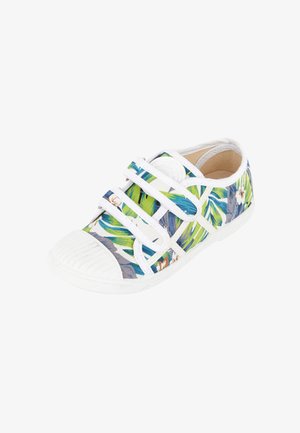 Sneaker med hvid gummisål og tåhætte. Har et farverigt blomstermotiv og bladmønster på det stofbeklædte overdel med tre hvide velcrolukninger.