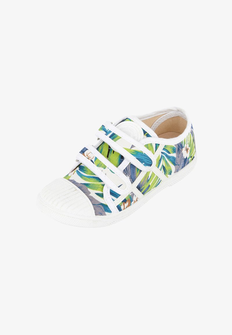 Sneakers met witte rubberen zool en neuskap. Heeft een kleurrijk bloem- en bladerenpatroon op de stof bovenkant met drie witte klittenbandsluitingen.