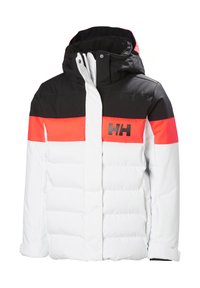 Lyžařská bunda s výplní s černou horní částí, jasně oranžovým vodorovným pruhem a bílou spodní sekcí. Obsahuje kapuci a zipové uzavření.