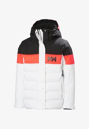 Pikowana kurtka narciarska z czarną górną częścią, jasnopomarańczowym poziomym pasem i białą dolną sekcją. Zawiera kaptur i zamek błyskawiczny.
