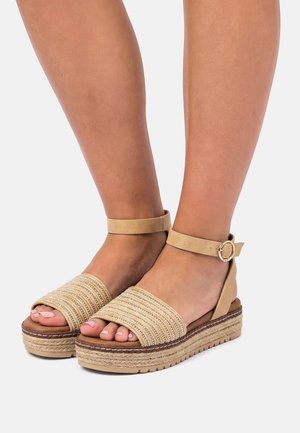 Füße, die beige Plateausandalen mit Knöchelriemen und dekorativer horizontaler Steppung auf den vorderen Riemen vor einem schlichten Hintergrund tragen.