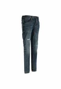 Jeans slim fit en azul oscuro deslavado con ligeros desgastes en los muslos y las rodillas, bolsillos delanteros y presillas para el cinturón.