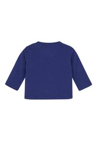 Langarm-Navy-Blau Baumwollhemd mit rundem Ausschnitt und geripptem Stoff. Die Rückseite hat ein schlichtes Design ohne sichtbare Verzierungen.