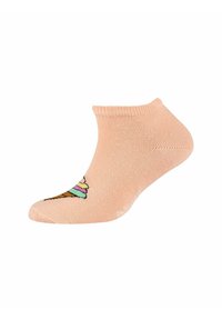 Calzino alla caviglia di colore pesca, realizzato in materiale morbido. Presenta un design ricamato di cono gelato con accenti rosa e verdi.