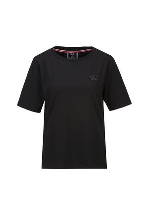 Zwart T-shirt met korte mouwen en ronde hals, met een klein reliëflogo op de linkerborst en gestreepte details aan de binnenkant van de kraag.