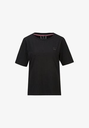Zwart T-shirt met korte mouwen en ronde hals, met een klein reliëflogo op de linkerborst en gestreepte details aan de binnenkant van de kraag.