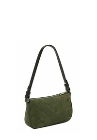 Zielona zamszowa torebka na ramię z czarnym skórzanym paskiem, zapięcie na zamek błyskawiczny i wytłoczonym wzorem logo. Gładka faktura o zaokrąglonym kształcie.