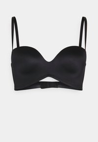 Black bra with molded cups, adjustable straps, and a hook-and-eye closure. Smooth fabric with a seamless design and minimal detailing.
