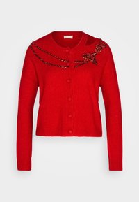 Cardigan en laine rouge à manches longues, col arrondi, boutons sur le devant et encolure ornée d'un design de nœud avec des perles.