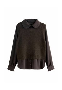 Dark brown long-sleeve button-up shirt with a rounded collar, layered under a matching fuzzy sleeveless knit vest.
