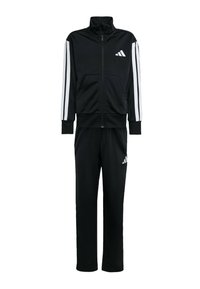 Černý teplákový komplet obsahující zipovou bundu s bílými pruhy na ramenou a odpovídající kalhoty; vyrobený z hladkého materiálu s atletickým střihem.