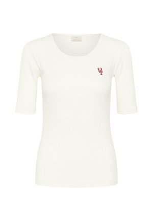 T-shirt blanc cintré à manches courtes avec encolure ronde et petite broderie rouge de homard sur le côté gauche de la poitrine.
