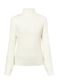 Witte geribbelde coltrui met lange mouwen en een hoge, gerimpelde hals. Het stof lijkt zacht en textured met een verticale breipatroon.