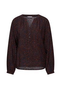 Langärmlige Bluse aus dunklem Stoff mit einem abstrakten Muster in Braun und Marineblau, mit V-Ausschnitt und Knopfdetails. Weiche Textur, lockere Passform.