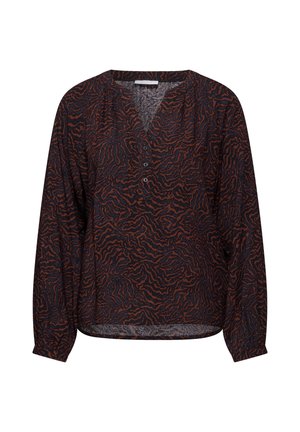 Blouse à manches longues en tissu sombre avec un motif abstrait marron et bleu marine, présentant un décolleté en V et des détails de boutons. Texture douce, coupe décontractée.
