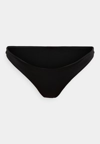 Bas de bikini noir à texture côtelée, présentant une coupe classique taille basse et des bords lisses. Design simple et polyvalent.