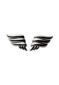 Pendientes de metal negro en forma de ala con un diseño en capas y curvado, y un acabado brillante. Cada pendiente presenta acentos detallados que se asemejan a plumas.
