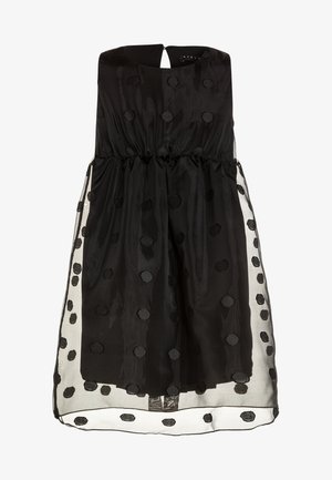 Robe de cocktail noire sans manches avec superposition transparente, ornée de pois noirs texturés et d'un détail de taille froncée.