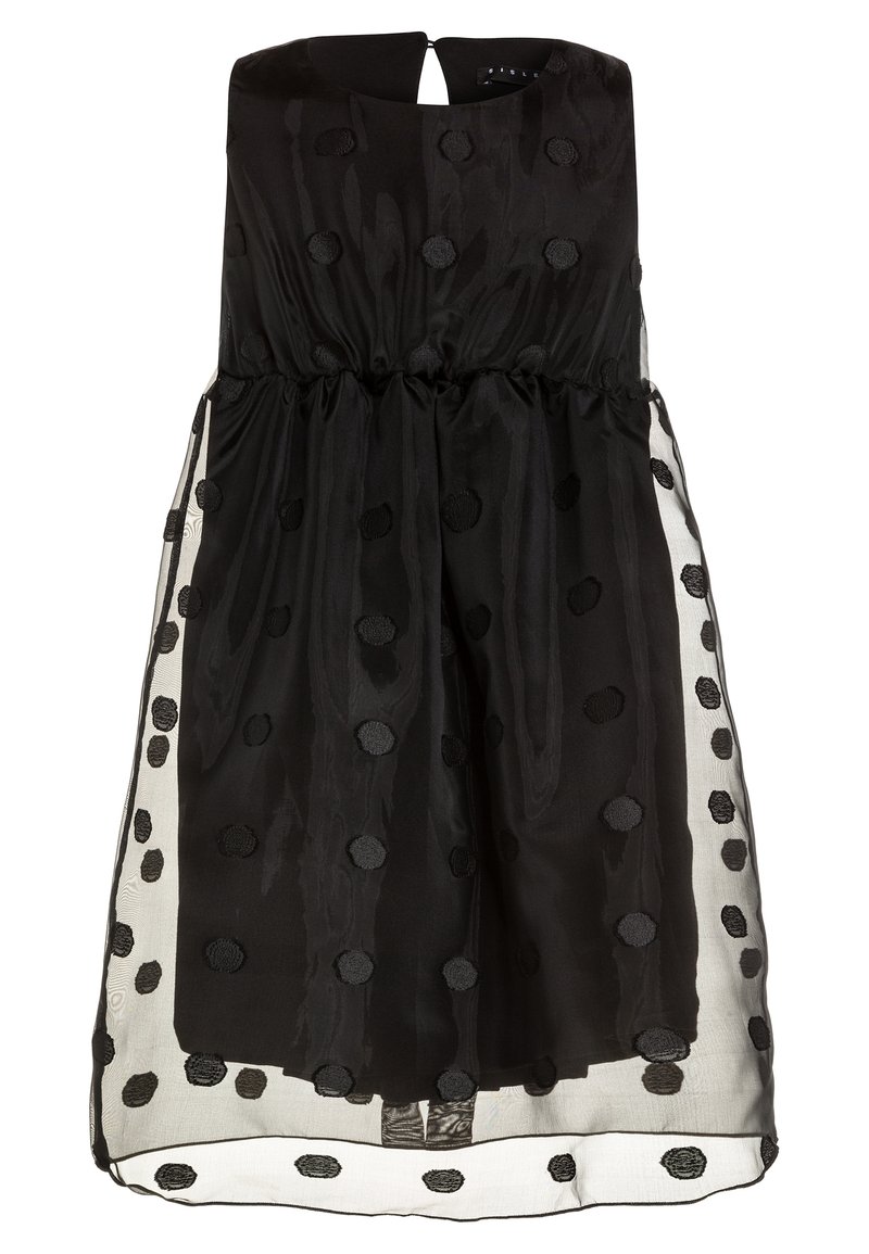 Svart cocktailklänning utan ärmar med genomskinligt överdrag som har texturerade svarta prickar och draperad midjedetalj.
