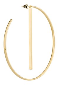 Guld hoops øreringe med et tyndt, forlænget bardesign. Glat tekstur med en blank finish, der viser en cirkulær form.