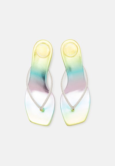 Iridescent flip-flops with a metallic finish in varying shades of yellow, green, and blue. Features a silver beaded thong strap and square toe.