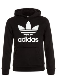 Felpa nera in misto cotone con tasca a marsupio frontale, caratterizzata da un grande logo Adidas bianco e dal disegno con tre strisce sul petto.