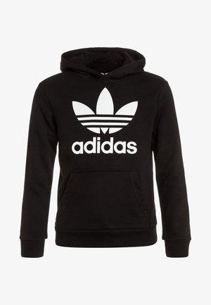 Felpa nera in misto cotone con tasca a marsupio frontale, caratterizzata da un grande logo Adidas bianco e dal disegno con tre strisce sul petto.