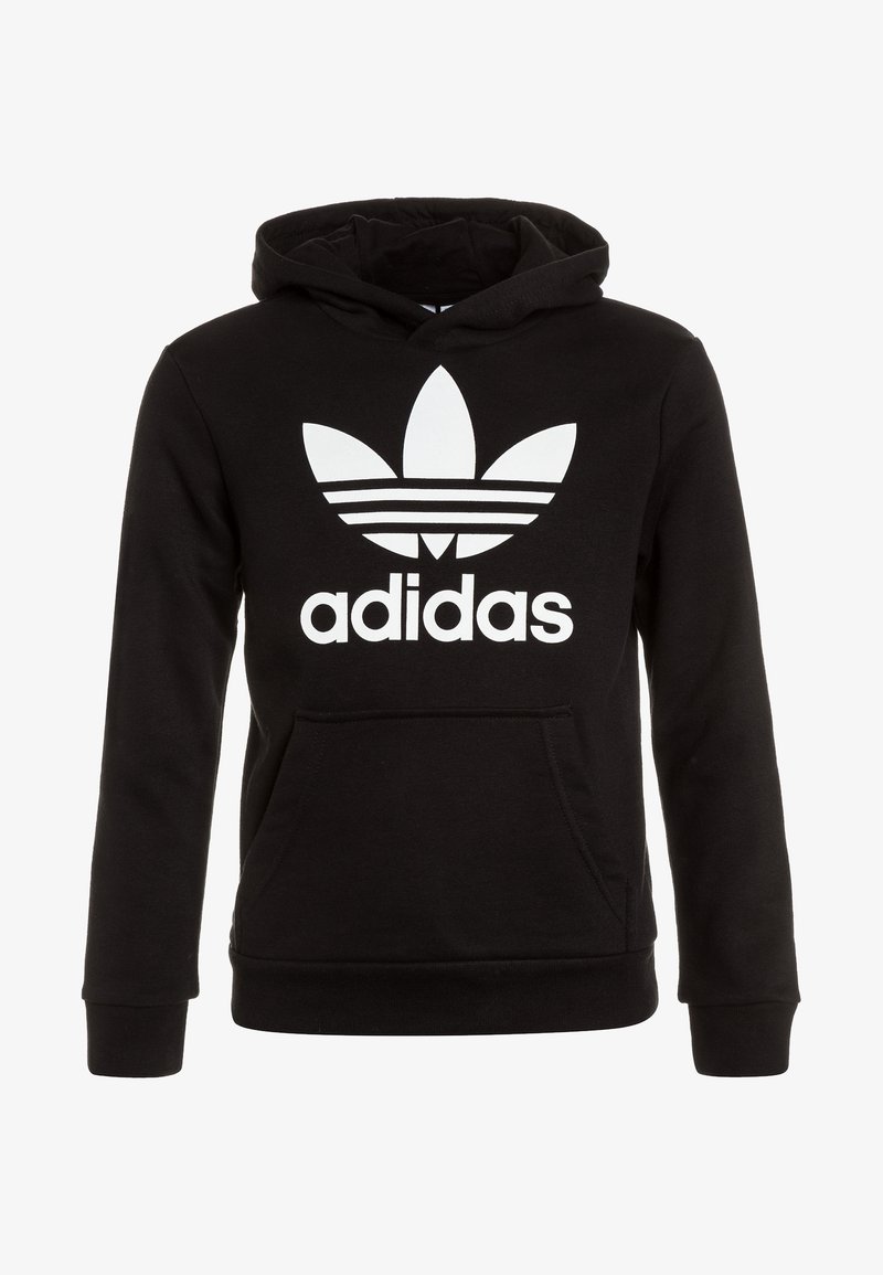Felpa nera in misto cotone con tasca a marsupio frontale, caratterizzata da un grande logo Adidas bianco e dal disegno con tre strisce sul petto.