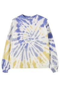 Sweat-shirt à manches longues col rond avec motif tie-dye spirale bleu, jaune et blanc et poignets et ourlet côtelés.