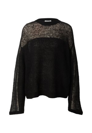 Schwarzer gestrickter Pullover mit langen Ärmeln, offener Webstruktur, rundem Ausschnitt und einem leicht verkürzten Schnitt. Oben leicht durchsichtig.