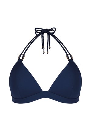 Granatowy prążkowany trójkątny top bikini z węzełkowymi paskami na szyję w formie skręconej liny, zawiązany na kokardę, z złotymi akcentami przy paskach.
