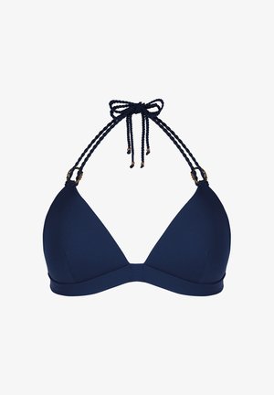 Granatowy prążkowany trójkątny top bikini z węzełkowymi paskami na szyję w formie skręconej liny, zawiązany na kokardę, z złotymi akcentami przy paskach.
