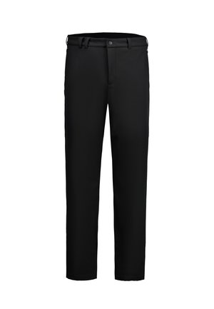 Pantalones negros de pierna recta con trabillas para cinturón, botón frontal y cierre de cremallera, mostrados sobre un fondo blanco liso.